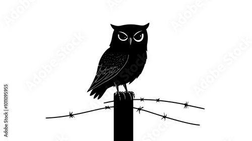 Owl sitting on a fence post, scanning the ground for movement, vector illustration art