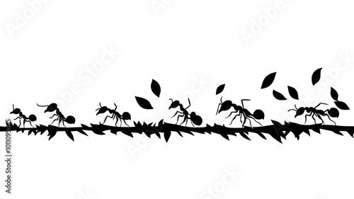 Ants march in a line, carrying small pieces of leaves toward their underground nest, vector illustration art