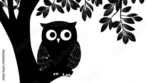 Owl sitting in a tree hollow, head poking out, observing surroundings, vector illustration art