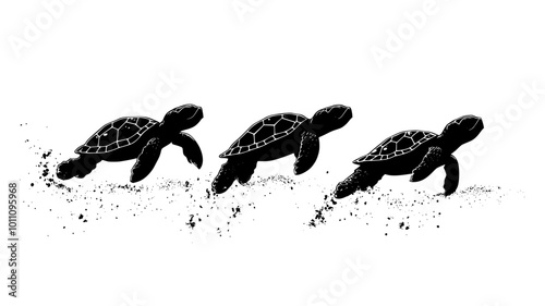 Baby turtle hatchlings emerging from sand and heading to the water, vector illustration art
