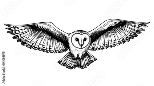 Barn owl in flight with wings spread, hunting over a field, vector illustration art