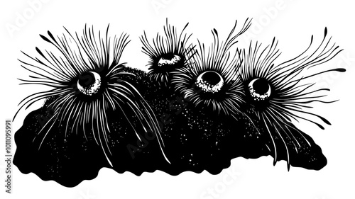 Barnacles on rock exposed during low tide, feathery appendages extended, vector illustration art