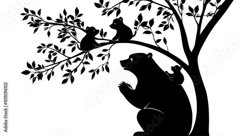 Bear cubs climbing tree trunk while mother watches below, vector illustration art