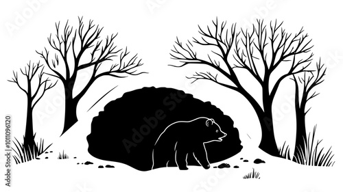 Bear emerging from its den after winter hibernation period, vector illustration art