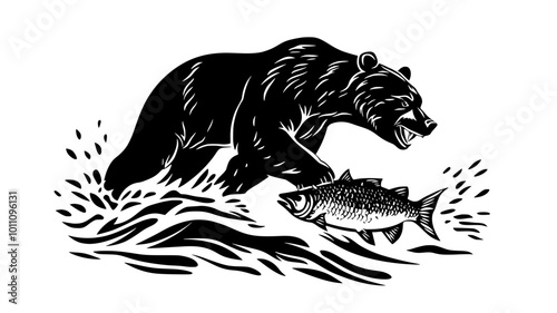 Bear catching salmon in jaws from rushing river, vector illustration art