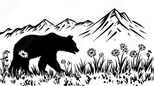 Bear foraging for berries in mountain meadow clearing, vector illustration art