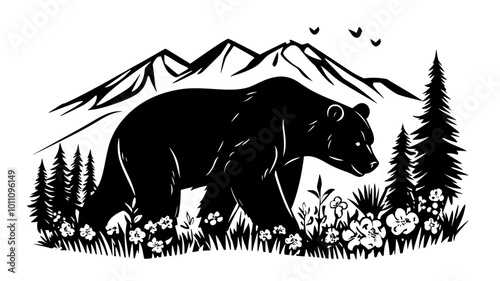 Bear foraging for berries in mountain meadow clearing, vector illustration art