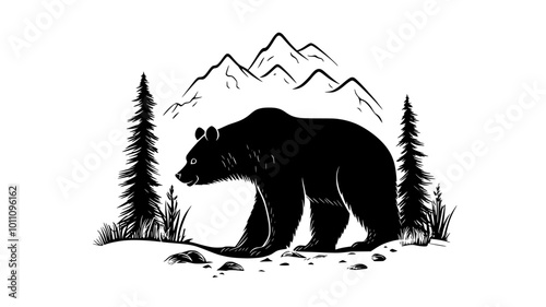 Bear emerging from den after winter hibernation, vector illustration art