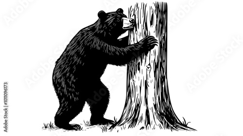 Bear marking territory by clawing and rubbing tree trunk, vector illustration art