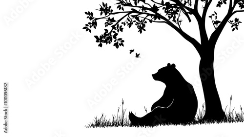 Bear sitting at the base of a tree, legs spread, relaxed posture, vector illustration art