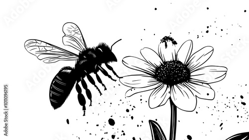Bee collecting pollen from a flower with visible pollen baskets, vector illustration art