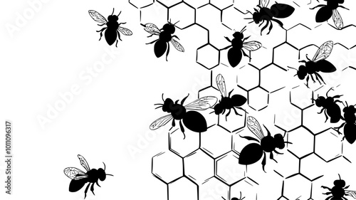 Bees constructing honeycomb cells in the hive, vector illustration art