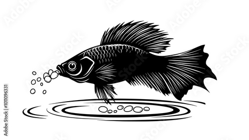Betta fish eating pellet food from the water surface, vector illustration art