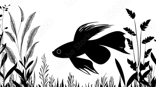Betta fish gliding through clear water, moving smoothly between tall aquarium plants, vector illustration art