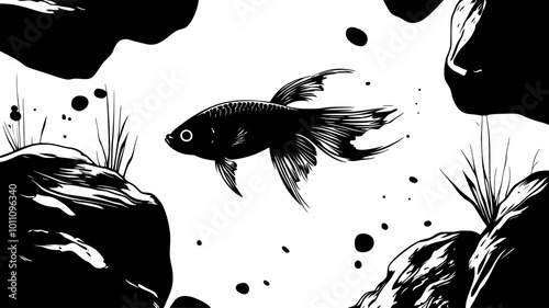 Betta fish swimming between two rocks in a small aquarium, vector illustration art