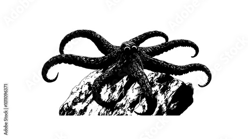 A brittle star rests on a rocky surface, arms extended outward, vector illustration art