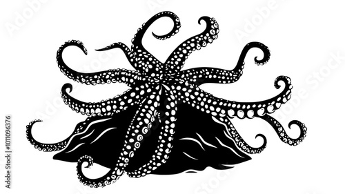 A brittle star wraps its arms around a rock, securing itself, vector illustration art