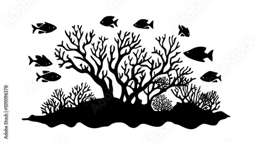 A branching coral structure with fish swimming around it, located on a shallow seabed, vector illustration art