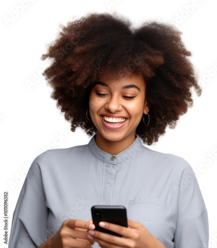 PNG Cheerful black woman using phone smile adult white background.