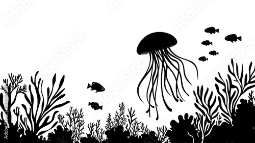 A box jelly floating near the seafloor, with other small marine organisms visible around it, vector illustration art