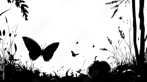 Butterfly feeding on rotting fruit on forest floor, vector illustration art