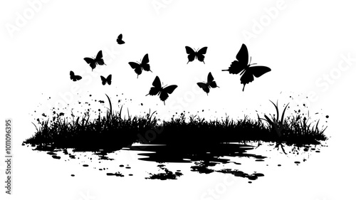 Butterflies congregating around a mud puddle on a dirt path, vector illustration art