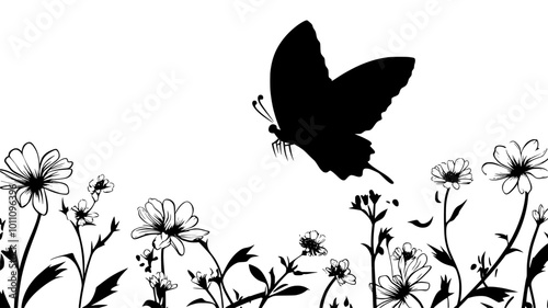 A butterfly flies across a garden, navigating through the open air between blossoms, vector illustration art
