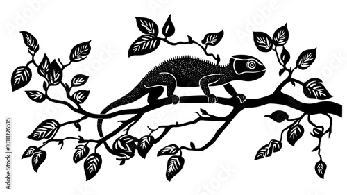 Chameleon climbing tree branch, moving slowly with careful foot placement, vector illustration art