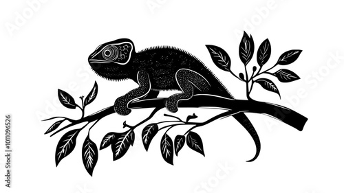 Chameleon climbing tree branch, moving slowly with careful foot placement, vector illustration art