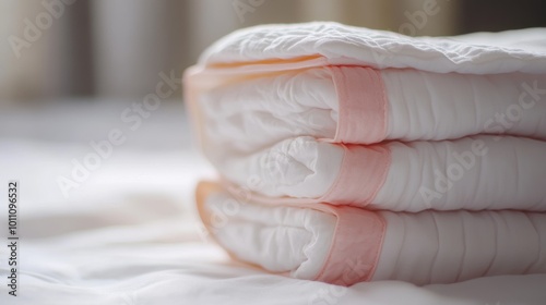 A white diaper with a pink stripe on the side.