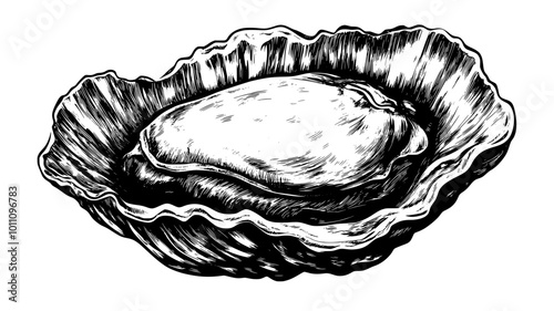 A close-up of an oyster shows the ridges and grooves of its outer shell, vector illustration art