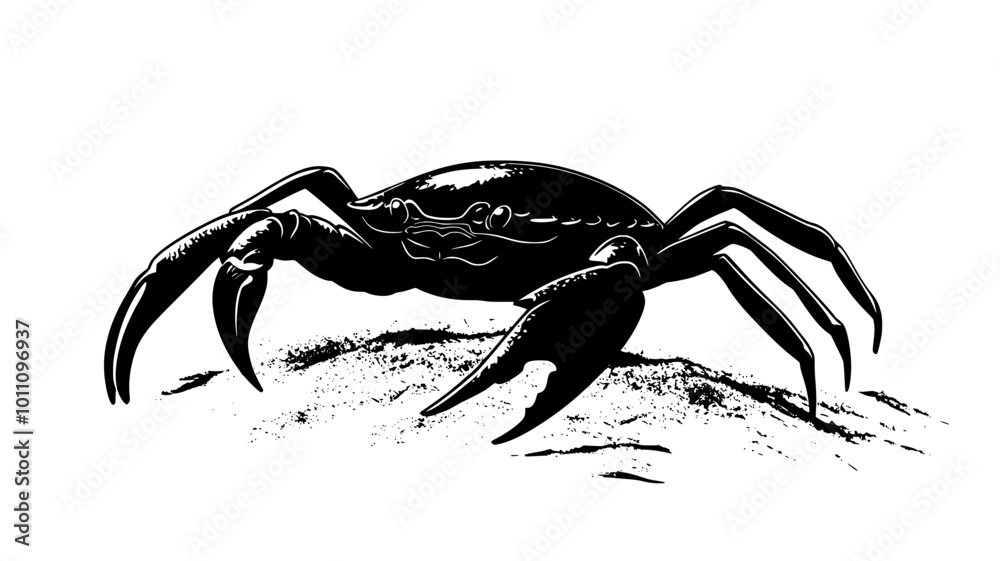 Crab walking sideways on sandy surface with claws raised, vector illustration art Crab walking sideways on sandy surface with claws raised, vector illustration art