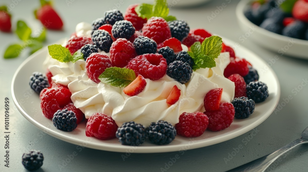 A white plate piled high with juicy berries and fluffy cream, ready for a sweet treat. A white plate piled high with juicy berries and fluffy cream, ready for a sweet treat.
