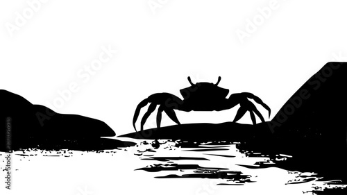 Crab moving between rocks in a coastal environment, searching for shelter, vector illustration art