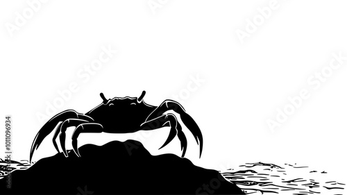 Crab near a rock on the shore, moving forward with spread legs, vector illustration art