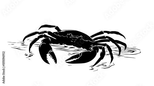 Crab partially submerged in water, visible claws navigating the shallow depths, vector illustration art