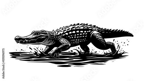 Crocodile emerging from water, legs pushing against muddy ground, vector illustration art