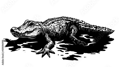 Crocodile lying on its stomach in a swamp, body covered in wet mud, vector illustration art