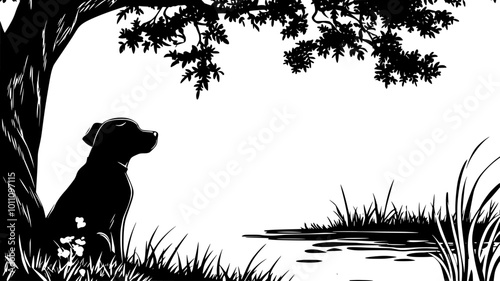 Dog sitting by a large tree, looking over a pond with perked ears, vector illustration art