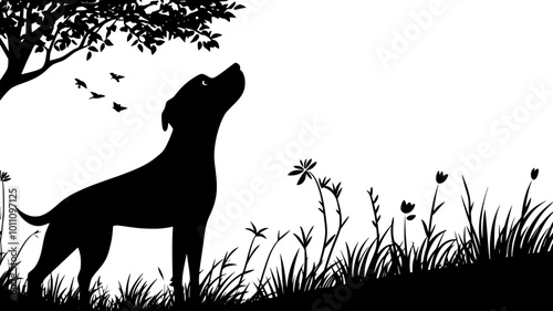 Dog standing at the edge of a trail, sniffing the air, looking around, vector illustration art