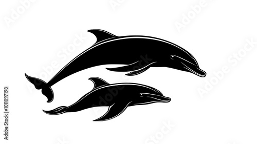 Dolphin mother and calf swimming close together underwater, vector illustration art