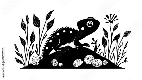 Female chameleon laying eggs in a hole dug in the ground, vector illustration art