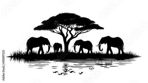 Elephants gather around a watering hole in the savanna, showcasing social bonds, vector illustration art