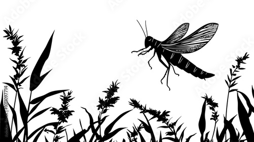 A grasshopper is mid-leap, moving swiftly between plants in a wide open field, vector illustration art