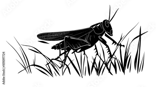 Grasshopper clinging to grass stem with legs extended, vector illustration art