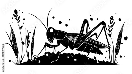 Grasshopper laying eggs in soil with ovipositor, vector illustration art