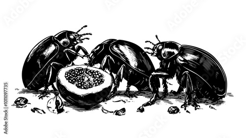 Group of beetles gathered on rotting fruit on the ground, vector illustration art