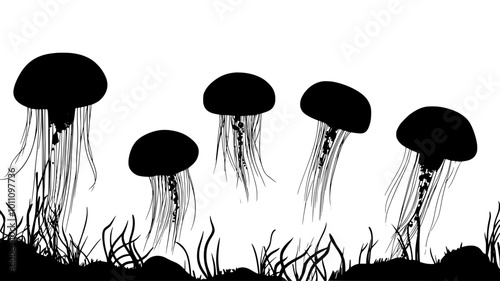 Group of box jellies in a marine aquarium exhibit, vector illustration art photo