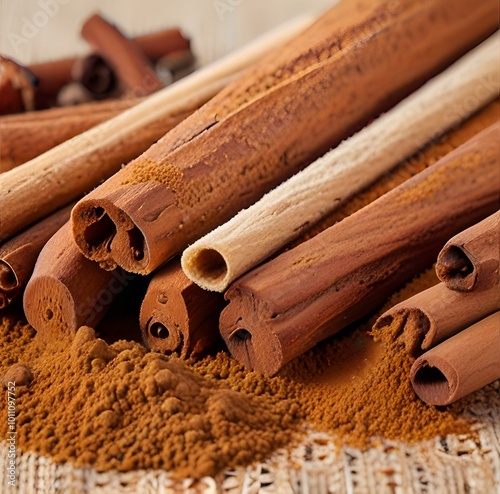 Fresh cinnamon sticks and powder