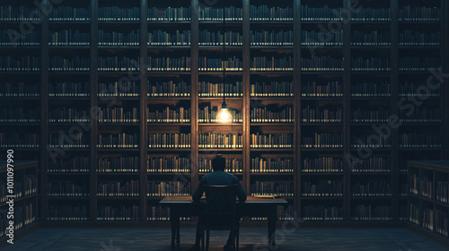 Man Sitting at Desk in Dark Library with Bookshelves photo